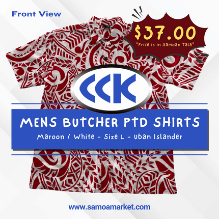 MENS BUTCHER PTD SHIRTS - Maroon / White - Size L - Uban Islander "PICKUP AT CCK CLOTHING STORE SALEUFI, VAITELE or SALELOLOGA"
