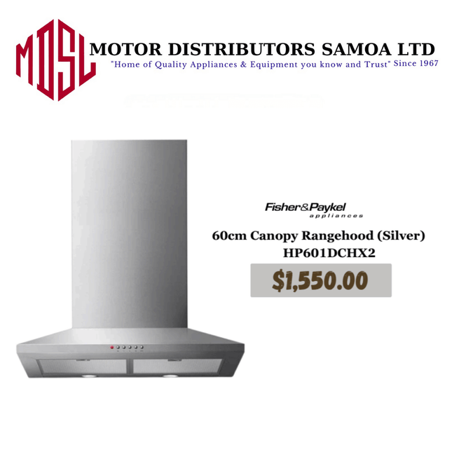 Fisher & Paykel 60cm Canopy Rangehood Silver HP601DCHX2 "PICKUP FROM MOTOR DISTRIBUTORS SAVALALO"