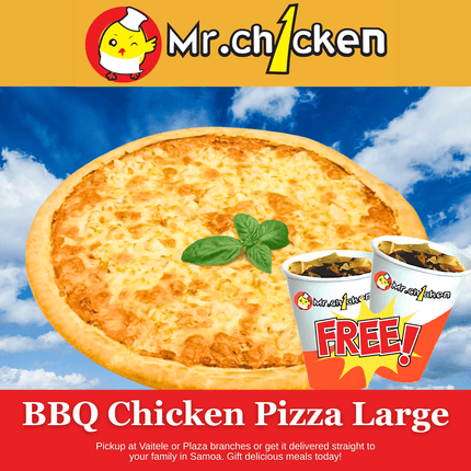 BBQ Chicken Pizza (LARGE) + 2 FREE DRINKS "PICKUP FROM MR. CHICKEN PLAZA OR VAITELE"