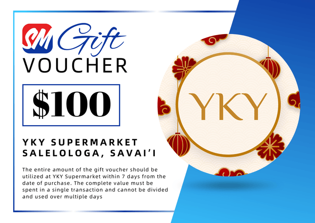 $100 Tala Gift Voucher "PICK UP FROM YKY SUPERMARKET, SALELOLOGA, SAVAI'I" - Samoamarket.com