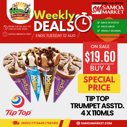 Tip Top Trumpet Assorted 4 PACK 110mls "PICKUP FROM FARMER JOE SUPERMARKET VAITELE ONLY"