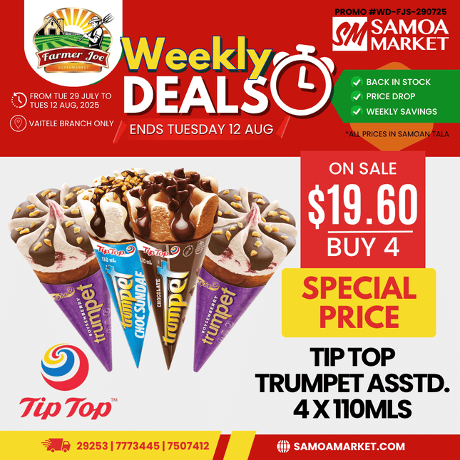 Tip Top Trumpet Assorted 4 PACK 110mls "PICKUP FROM FARMER JOE SUPERMARKET VAITELE ONLY"