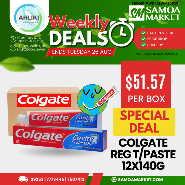 Colgate Regular Toothpaste 12PACK x 140g (95mls) [NOT AVAIL AT HQ & TAUFUSI] "PICKUP FROM AH LIKI WHOLESALE"