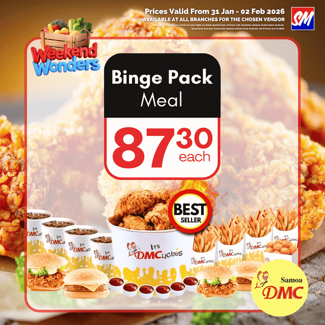WEEKEND WONDER! Binge Pack Meal "PICKUP FROM DMC UPOLU VAITELE, VAILOA, FUGALEI, PLAZA, LOTOPA AND MOTOOTUA"