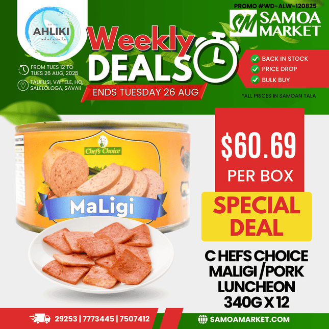 Chefs Choice Maligi Pork Luncheon 340g x 12PACK "PICKUP FROM AH LIKI WHOLESALE"