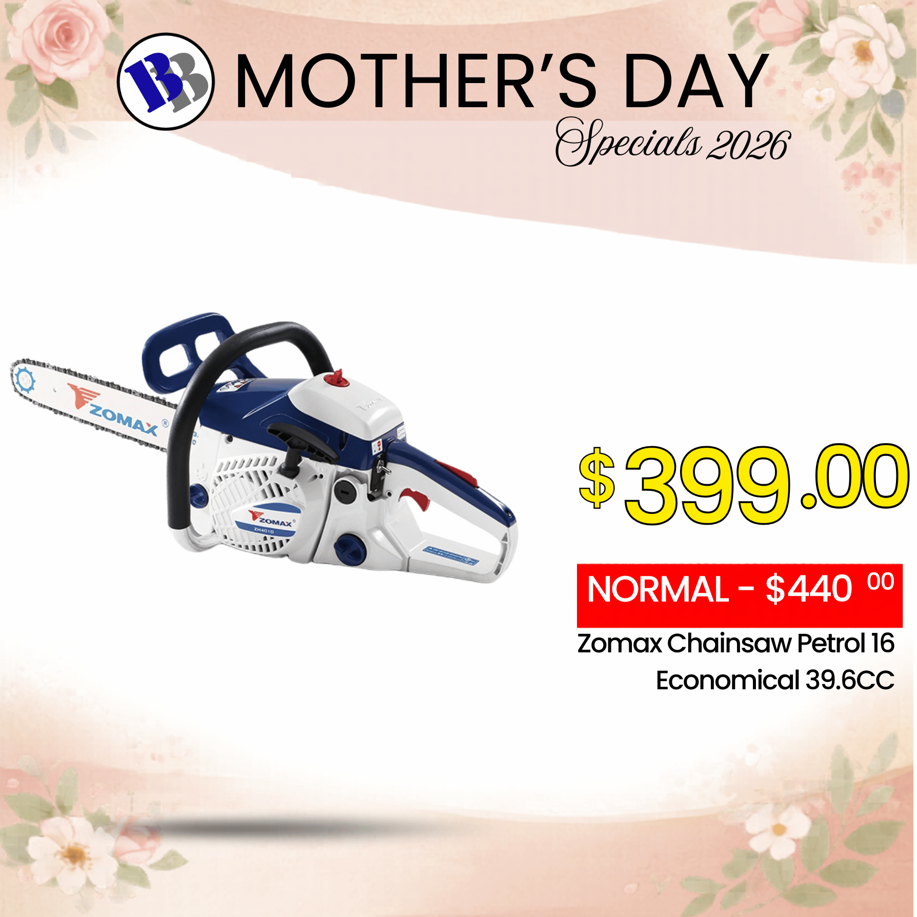 MOTHERS DAY SPECIAL) Zomax Chainsaw Petrol 16 Economical 39.6CC