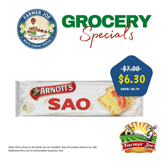 GROCERY SPECIAL! Arnotts Sao Biscuits 250G "PICKUP FROM FARMER JOE SUPERMARKET VAITELE ONLY"