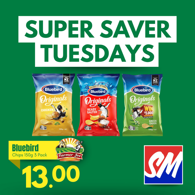 SUPER SAVER TUESDAYS! Bluebird Chips 150g 3 Pack "PICKUP FROM FARMER JOE SUPERMARKET VAITELE ONLY"