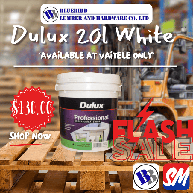 Paint Professional Ext/Int Acrylic Semigloss White 20Litre Dulux Substitute if sold out "PICKUP FROM BLUEBIRD LUMBER & HARDWARE VAITELE ONLY"