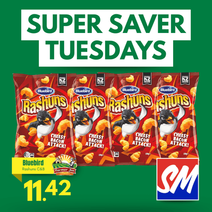 SUPER SAVER TUESDAYS! Bluebird Rashuns Cheese & Bacon / 4 PACK "PICKUP FROM FARMER JOE SUPERMARKET VAITELE ONLY"