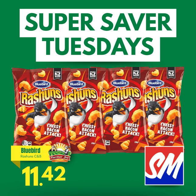 SUPER SAVER TUESDAYS! Bluebird Rashuns Cheese & Bacon / 4 PACK "PICKUP FROM FARMER JOE SUPERMARKET VAITELE ONLY"