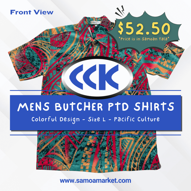MENS BUTCHER PTD SHIRTS - Colorful Design - Size L - Pacific Culture "PICKUP AT CCK CLOTHING STORE SALEUFI, VAITELE or SALELOLOGA"