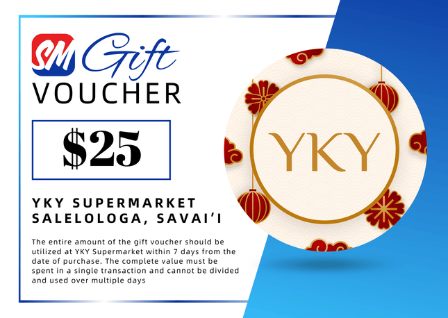 $25 Tala Gift Voucher "PICK UP FROM YKY SUPERMARKET, SALELOLOGA, SAVAI'I" - Samoamarket.com