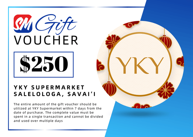 $250 Tala Gift Voucher "PICK UP FROM YKY SUPERMARKET, SALELOLOGA, SAVAI'I" - Samoamarket.com