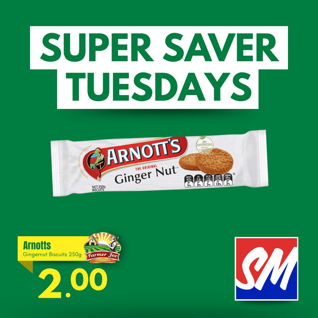 SUPER SAVER TUESDAYS! Arnotts Ginger Nut Biscuits 250g "PICKUP FROM FARMER JOE SUPERMARKET VAITELE ONLY"