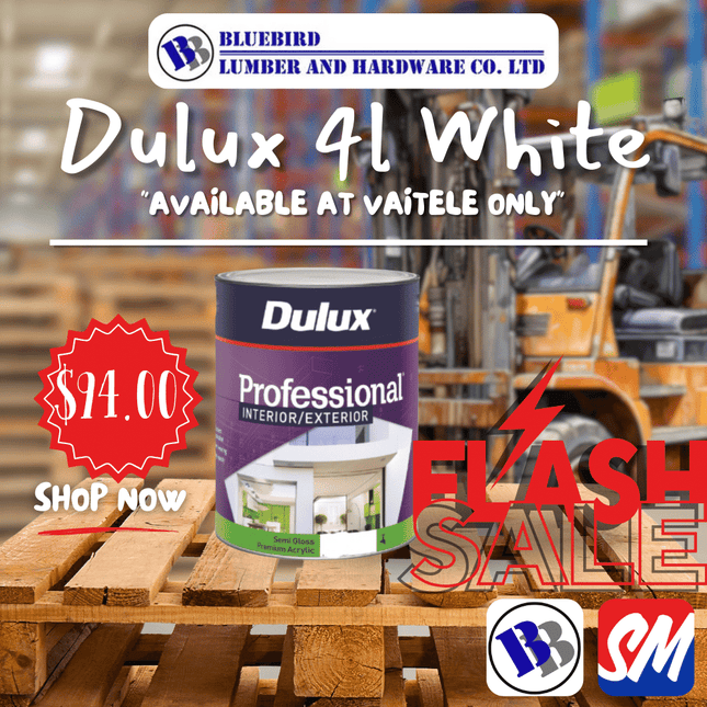 Paint Professional Ext/Int Acrylic Semigloss White 4Litre Dulux Substitute if sold out "PICKUP FROM BLUEBIRD LUMBER & HARDWARE VAITELE ONLY"