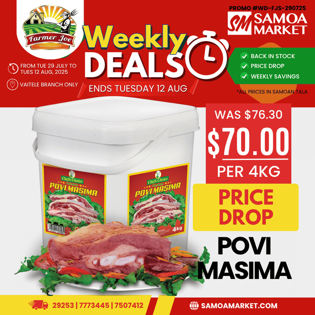Chefs Choice Povi Masima 4Kg Family Bucket "PICKUP FROM FARMER JOE SUPERMARKET UPOLU ONLY"