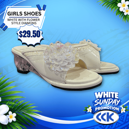 Girls Shoes (White/Flower Style & Diamonds) "PICKUP AT CCK CLOTHING STORE SALEUFI, VAITELE or SALELOLOGA"