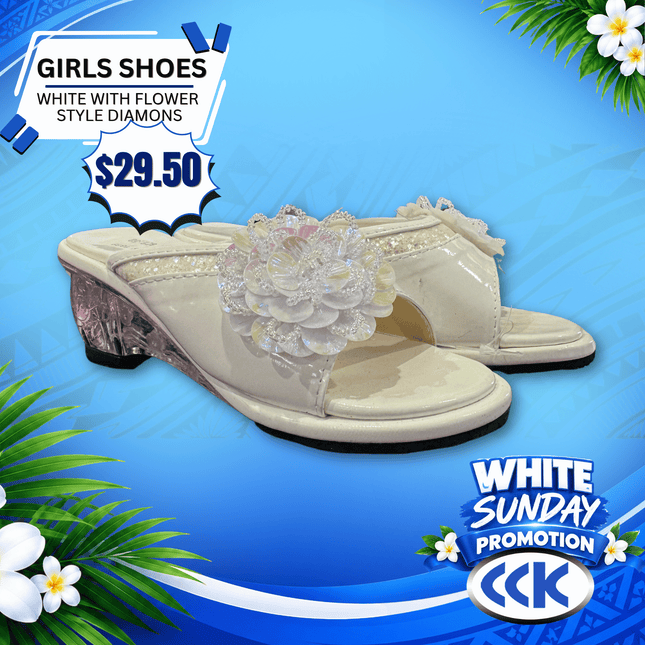 Girls Shoes (White/Flower Style & Diamonds) "PICKUP AT CCK CLOTHING STORE SALEUFI, VAITELE or SALELOLOGA"