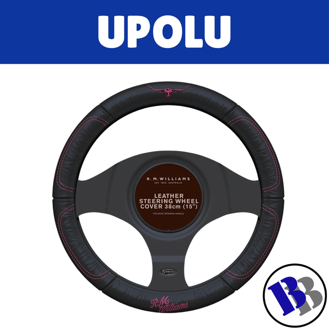 Steering Wheel Breathable Stitched Highlights 38cm w/black Pink Embossing - "PICKUP FROM BLUEBIRD LUMBER & HARDWARE"