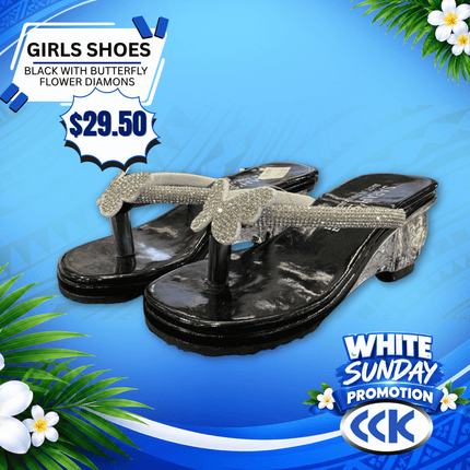 Girls Shoes (Black Butterfly Diamonds) "PICKUP AT CCK CLOTHING STORE SALEUFI, VAITELE or SALELOLOGA"