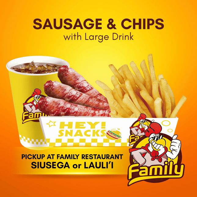 Sausage and Chips with Large Drink (PICK UP FROM FAMILY RESTAURANT SIUSEGA OR LAULI'I ONLY)