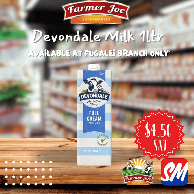 Devondale Full Cream Milk 1ltr "PICK UP FROM FARMER JOE SUPERMARKET FUGALEI ONLY"