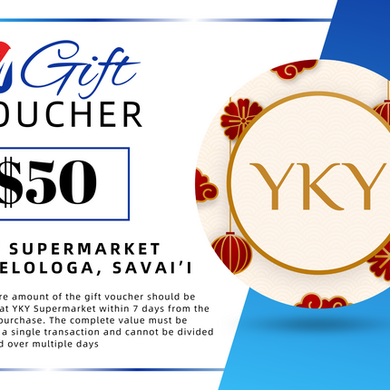 $50 Tala Gift Voucher "PICK UP FROM YKY SUPERMARKET, SALELOLOGA, SAVAI'I"