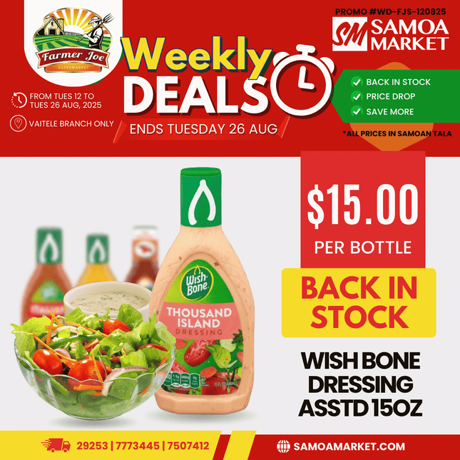 Wish Bone Dressing Assorted 15OZ "PICKUP FROM FARMER JOE SUPERMARKET UPOLU ONLY"