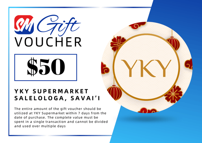 $50 Tala Gift Voucher "PICK UP FROM YKY SUPERMARKET, SALELOLOGA, SAVAI'I" - Samoamarket.com