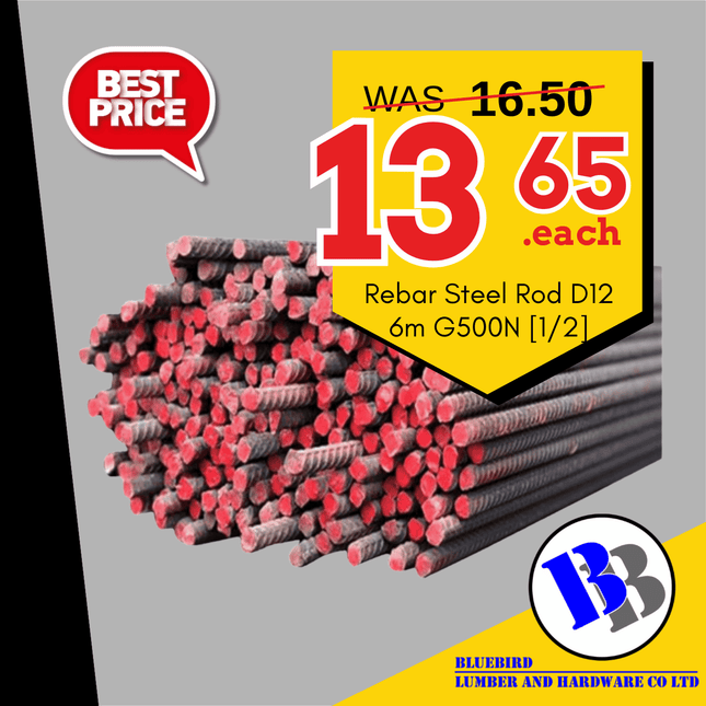 BBL SPECIAL 2026 Rebar Steel Rod D12 6m G500N [1/2] - "PICKUP FROM BLUEBIRD LUMBER & HARDWARE UPOLU ONLY"