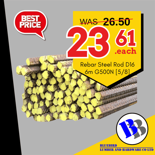 BBL SPECIAL 2026 Rebar Steel Rod D16 6m G500N [5/8] - "PICKUP FROM BLUEBIRD LUMBER & HARDWARE UPOLU ONLY"