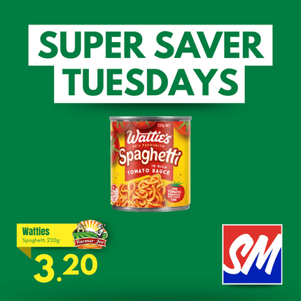 SUPER SAVER TUESDAYS! Watties Spaghetti 220g "PICKUP FROM FARMER JOE SUPERMARKET VAITELE ONLY"