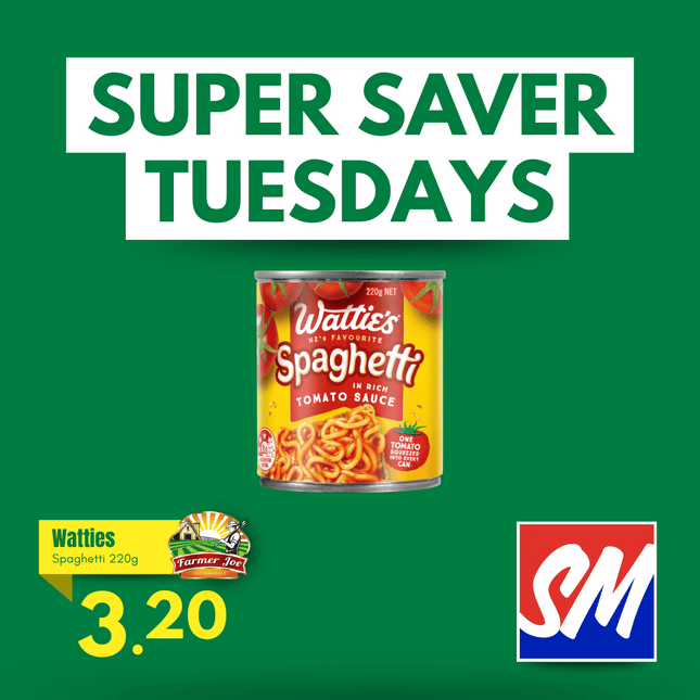 SUPER SAVER TUESDAYS! Watties Spaghetti 220g "PICKUP FROM FARMER JOE SUPERMARKET VAITELE ONLY"