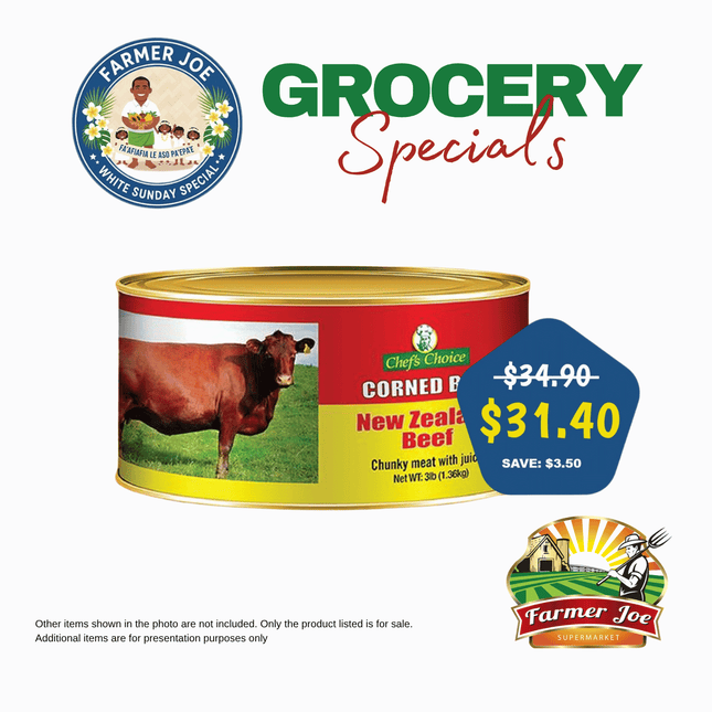 GROCERY SPECIAL! Chefs Choice Corned Beef 1.36KG (3lbs) "PICKUP FROM FARMER JOE SUPERMARKET VAITELE ONLY"