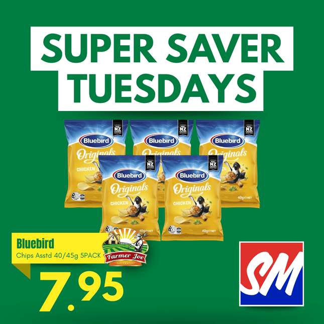 SUPER SAVER TUESDAYS! Bluebird Chips 45g 5 Pack "PICKUP FROM FARMER JOE SUPERMARKET VAITELE ONLY"