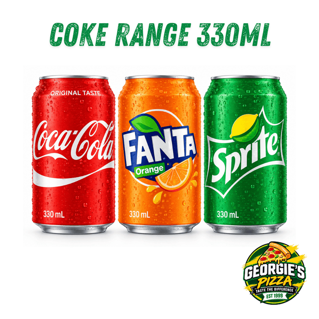 Coke Range Can 330ml (Assorted) “PICKUP FROM GEORGIES PIZZA TAUFUSI, UPOLU”