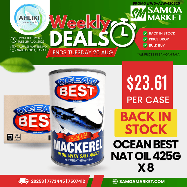 Ocean Best Mackerel Natural Oil 425g x 8PACK "PICKUP FROM AH LIKI WHOLESALE"