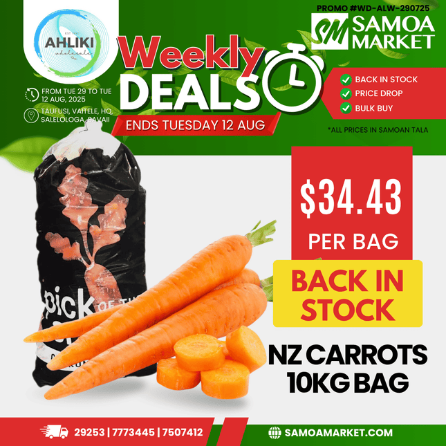 NZ Carrots 10kg Bag "PICKUP FROM AH LIKI WHOLESALE"