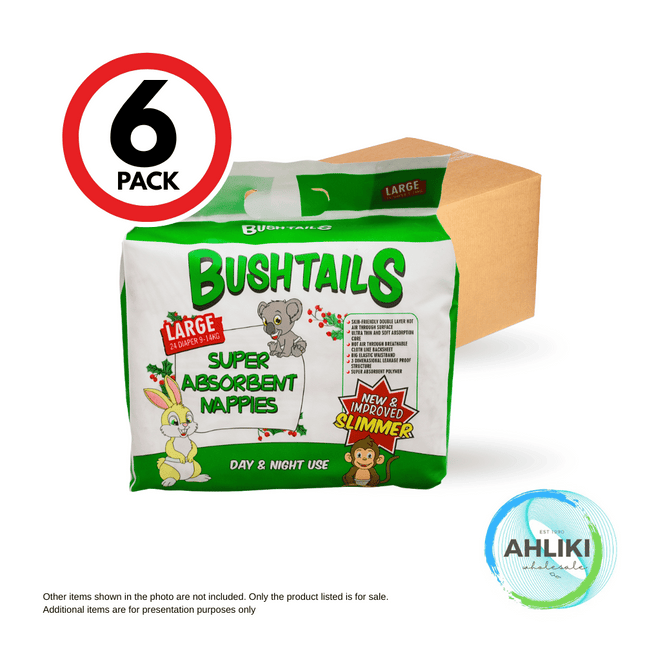 Bushtail Baby Diaper Large 24 x 6PACK "PICKUP FROM AH LIKI WHOLESALE"