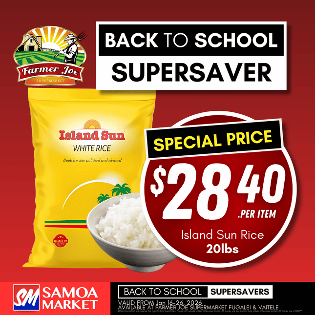 SUPERSAVER! Island Sun Yellow Rice 20lbs "PICKUP FROM FARMER JOE SUPERMARKET VAITELE ONLY"