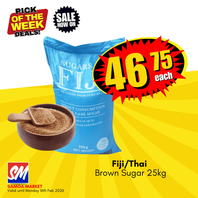Fiji/Thai Brown Sugar 25kg Family Size "PICKUP FROM AH LIKI WHOLESALE"