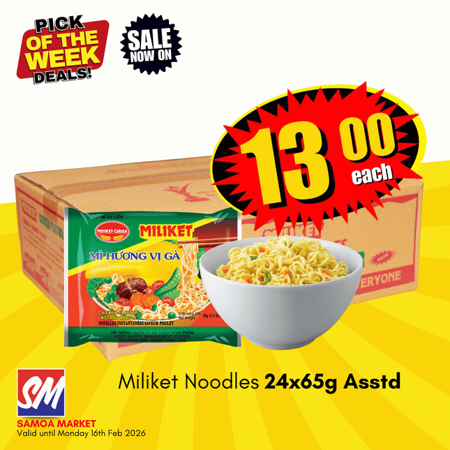 Miliket Packet Noodles Box of 65g 24PACK Assorted "PICKUP FROM AH LIKI WHOLESALE"