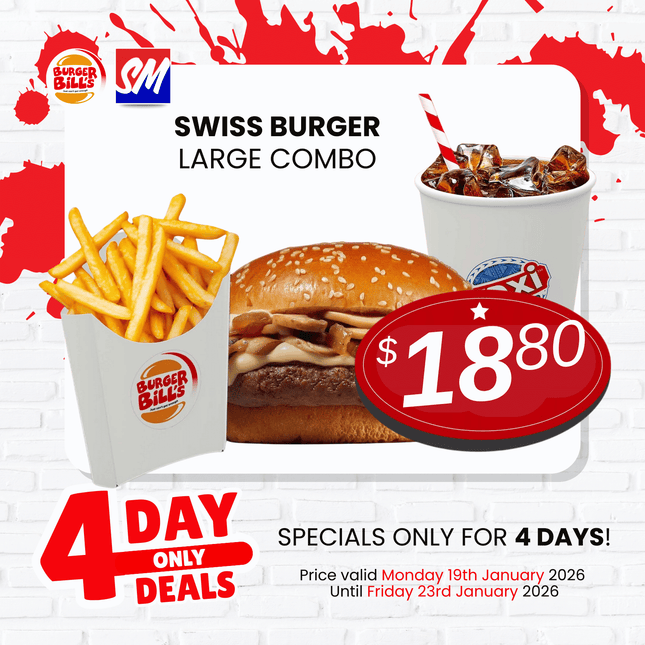 4DAYONLY! Swiss Mushroom Burger Large Meal "PICKUP FROM BURGER BILLS VAITELE ONLY"