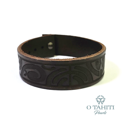 BRACELET DARK BROWN LEATHER WRAP WITH TAHITIAN PATTERNS