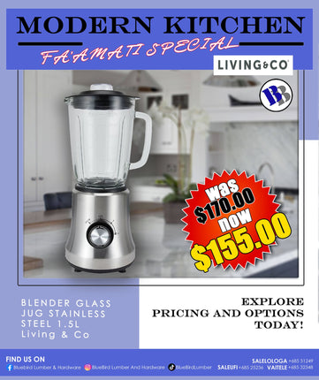 FAAMATI SPECIAL - Blender Glass Jug Stainless Steel 1.5L "PICKUP FROM BLUEBIRD LUMBER & HARDWARE"