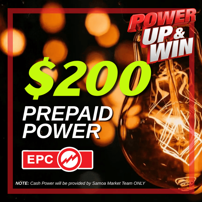 Prepaid Power Voucher - $200 Tala - Must provide Meter Number + Reg. Name to avoid delays (Supplied by Samoamarket.com, Mon-Fri 8am-4.30pm, Sat 8am-12pm (Closed Sundays & Public Holidays)