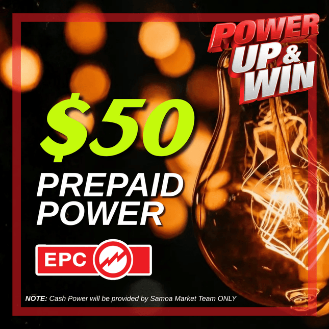 Prepaid Power Voucher - $50 Tala - Must provide Meter Number + Reg. Name to avoid delays (Supplied by Samoamarket.com, Mon-Fri 8am-4.30pm, Sat 8am-12pm (Closed Sundays & Public Holidays)