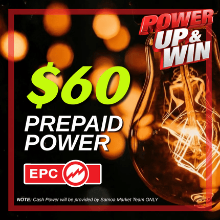 Prepaid Power Voucher - $60 Tala - Must provide Meter Number + Reg. Name to avoid delays (Supplied by Samoamarket.com, Mon-Fri 8am-4.30pm, Sat 8am-12pm (Closed Sundays & Public Holidays)