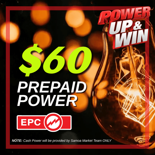 Prepaid Power Voucher - $60 Tala - Must provide Meter Number + Reg. Name to avoid delays (Supplied by Samoamarket.com, Mon-Fri 8am-4.30pm, Sat 8am-12pm (Closed Sundays & Public Holidays)